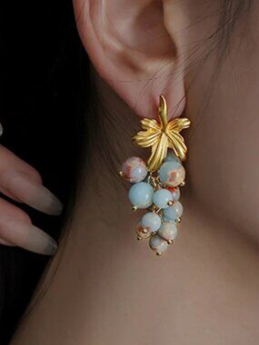 NEW Elegant Rococo Grape Cluster Blue and Gold Dramatic Drop Earrings